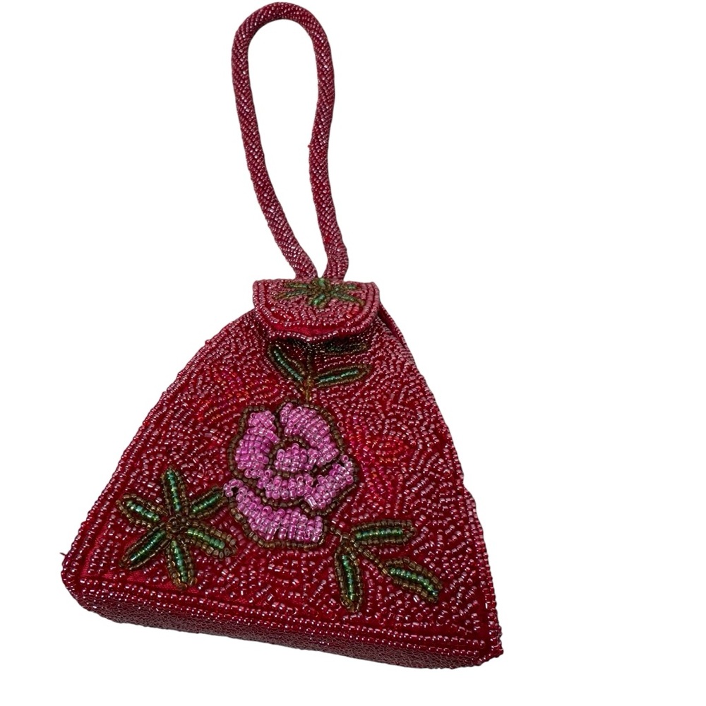 Vintage Red Triangular Fully Beaded Pink Floral Coin Purse Bag